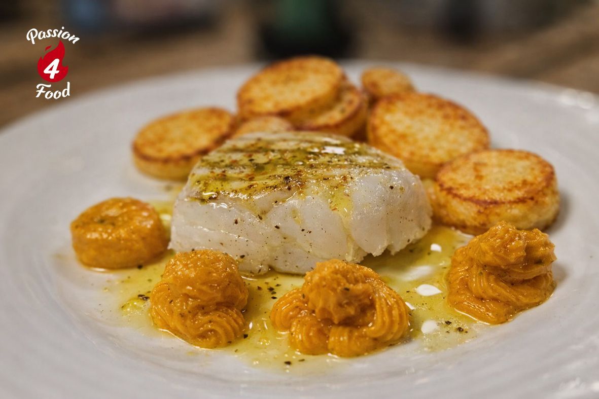 Gekonfijte skrei met pompencreme