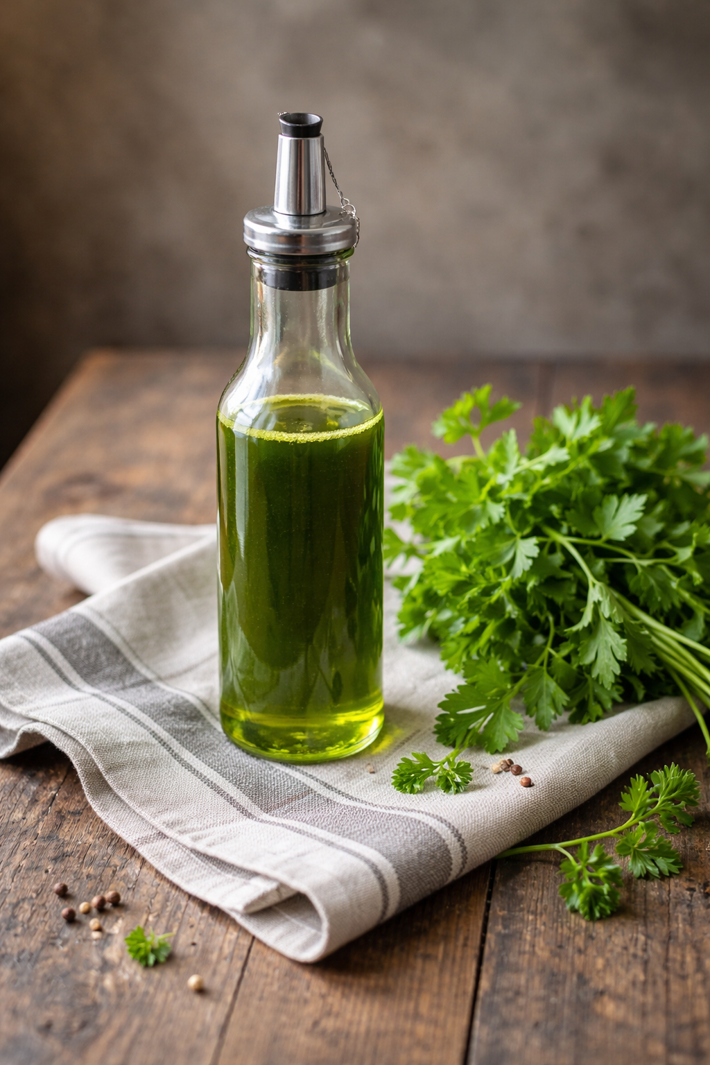 Fles met frisgroene peterselieolie op een theedoek met een bosje peterselie er naast.