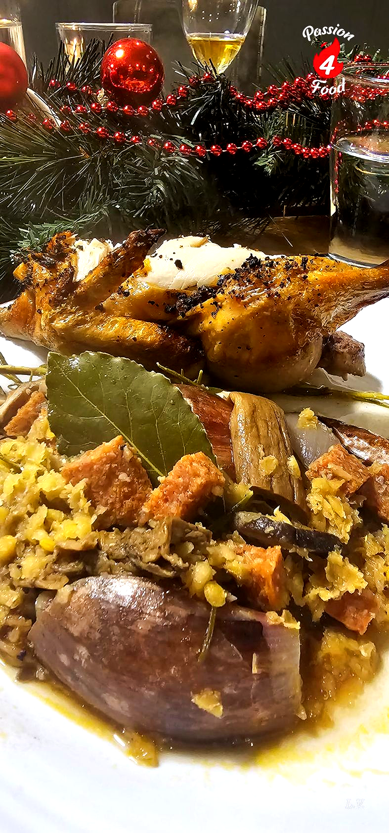 Poussin met paddenstoelen en linzen