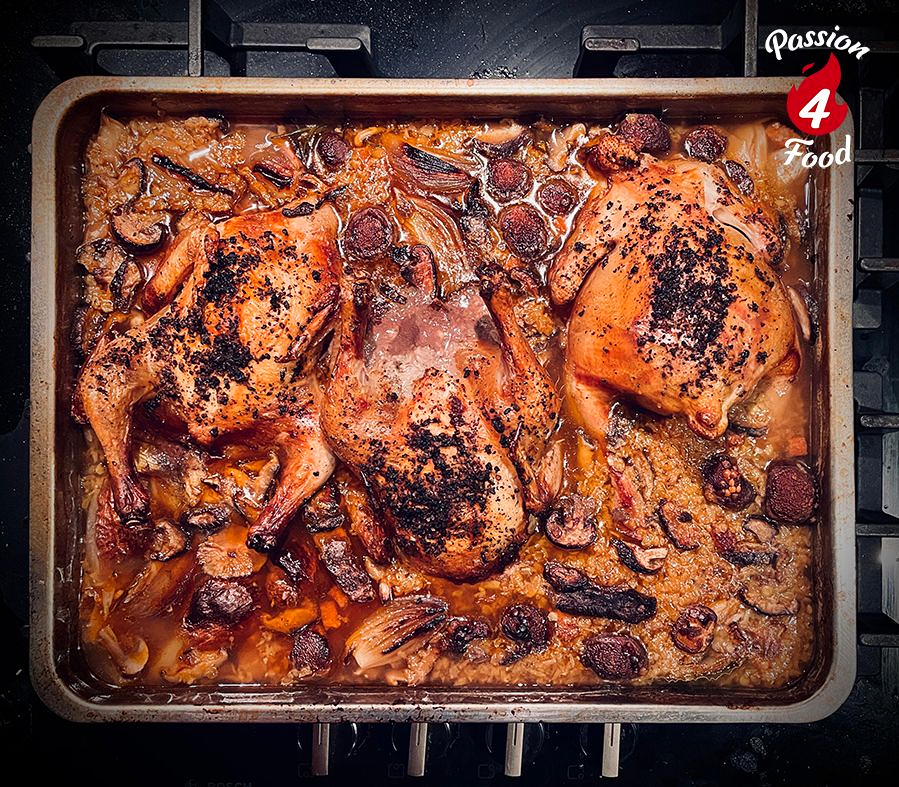 Poussin met paddenstoelen en linzen Poussin met paddenstoelen en linzen