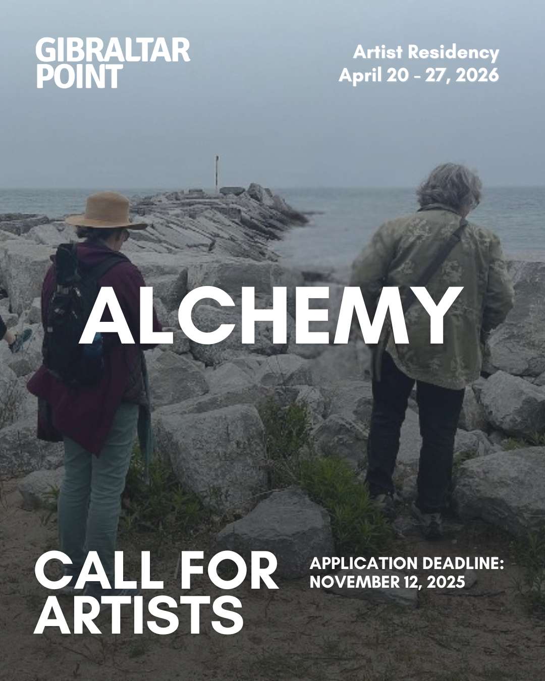 Photo of two artists on a foggy beach shoreline with text that reads Alchemy Artist Residency