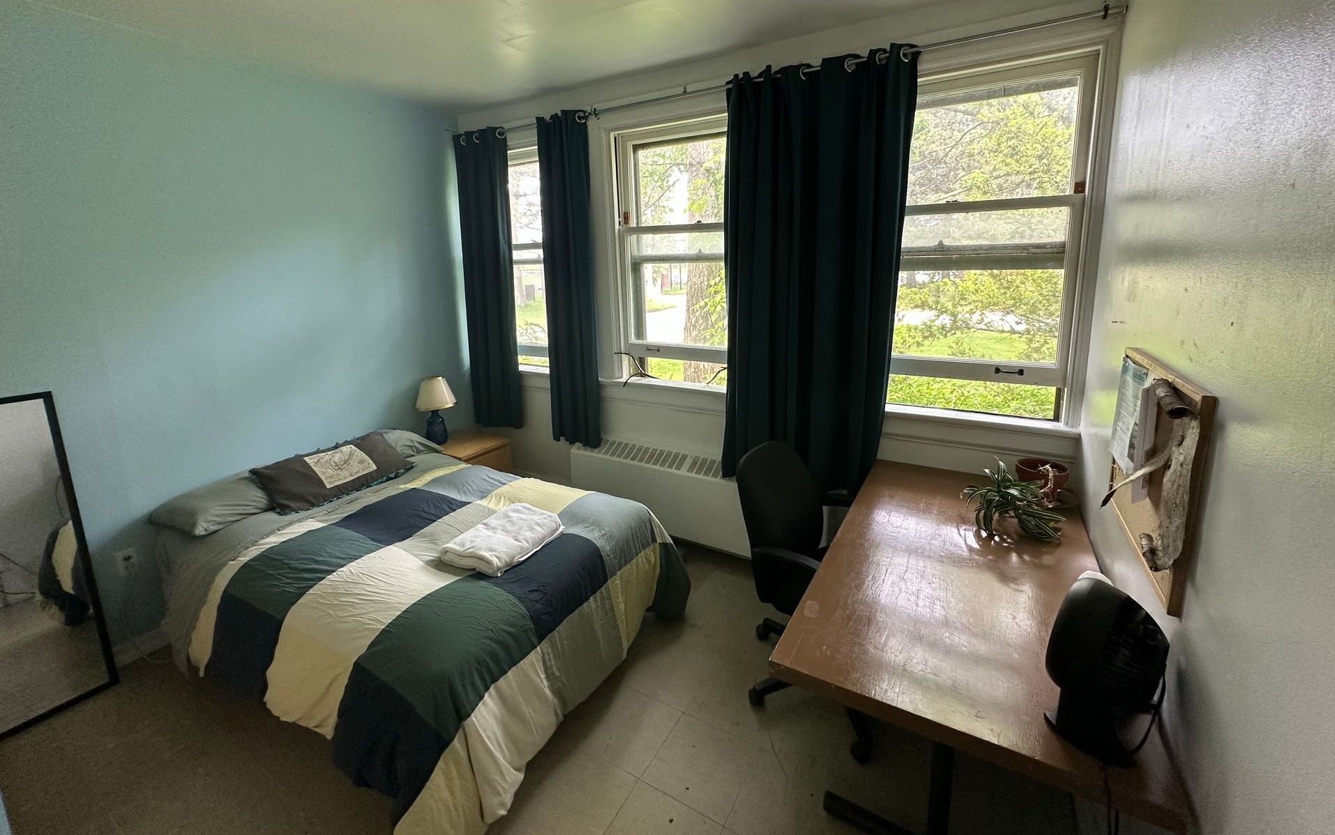 Bedroom with a bed, desk, window, blue walls, and a mirror.