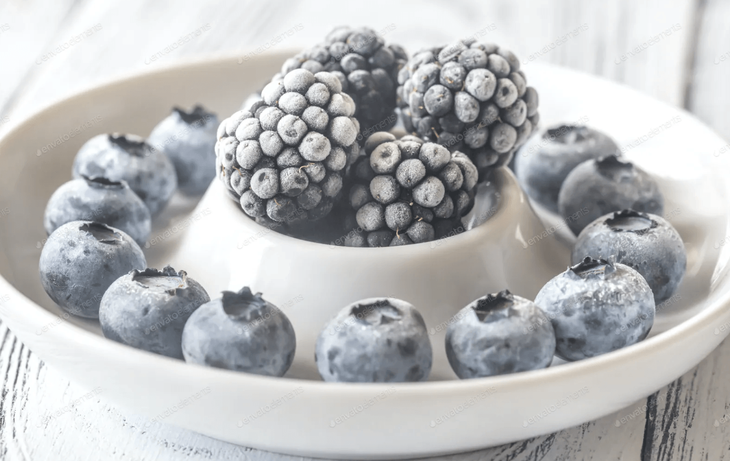 Un plato blanco cubierto con arándanos y moras.