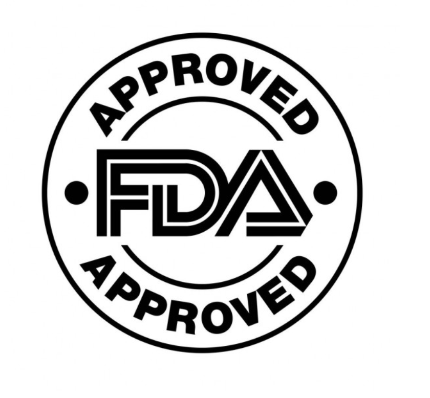 Un logotipo aprobado por la FDA en blanco y negro sobre un fondo blanco.