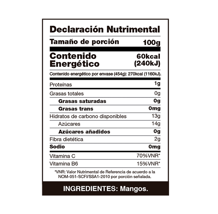 Etiqueta de información nutricional de los mangos en español