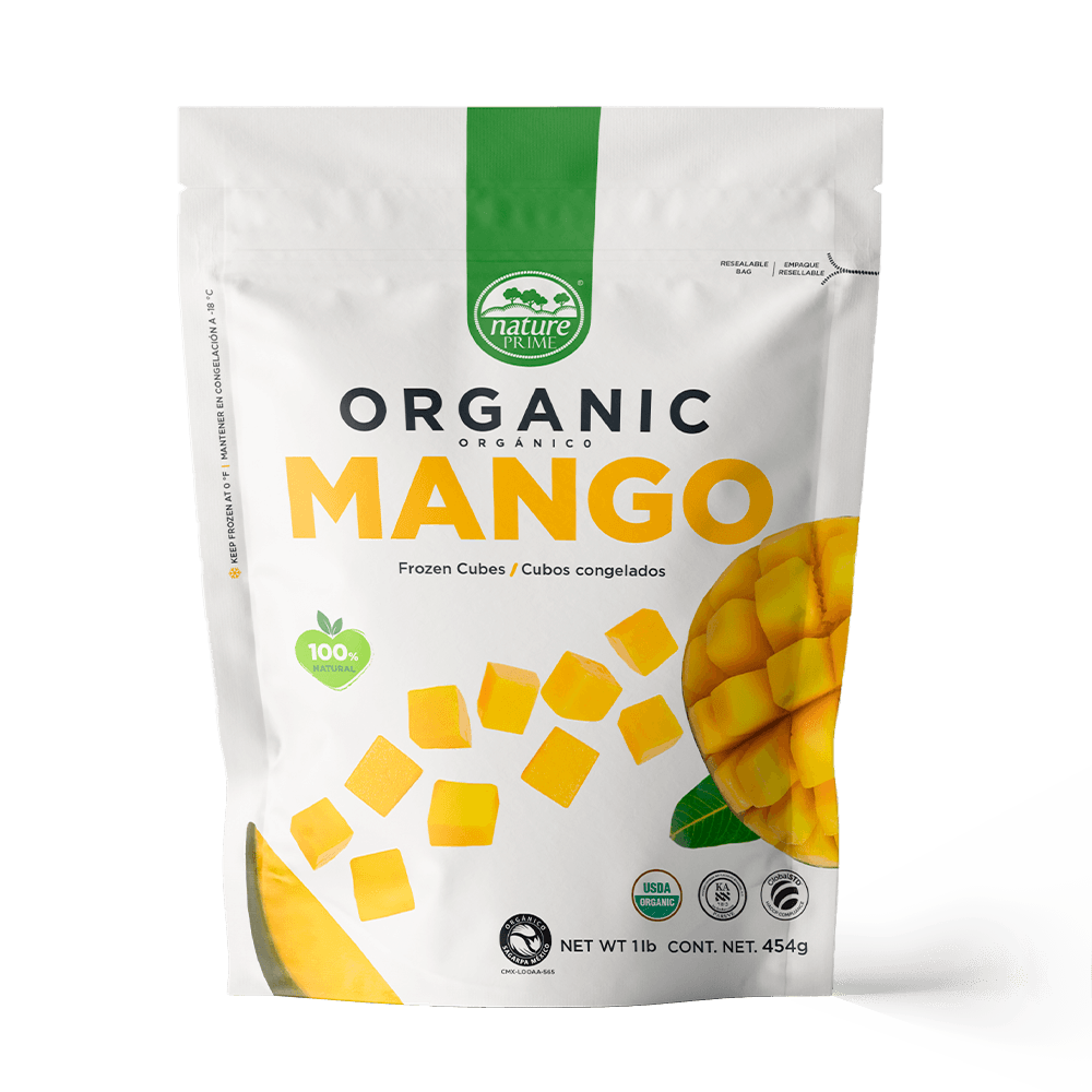 Una bolsa de mango orgánico sobre un fondo blanco.