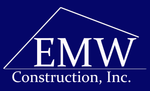 A blue and white logo for emw construction inc.