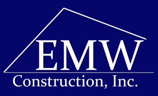 A blue and white logo for emw construction inc.