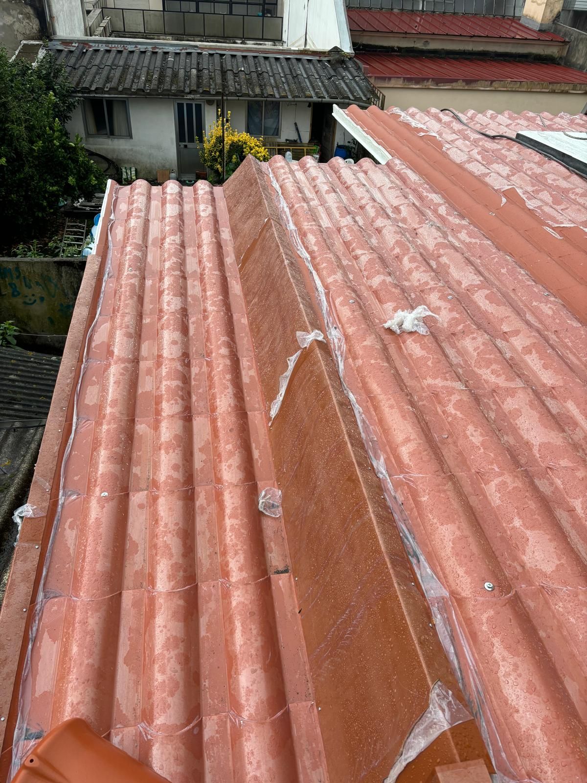 Um close de um telhado de telhas vermelhas com uma casa ao fundo.