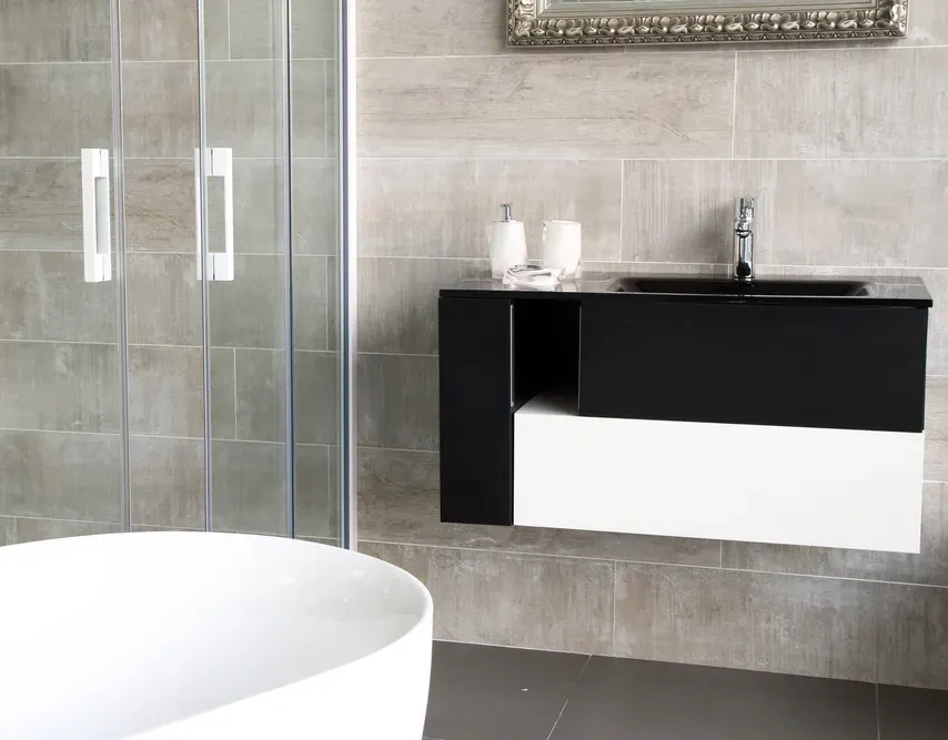 A Newly Renovated Bathroom with Black Vanity — Canberra Bathroom Solutions in Belconnen, ACT