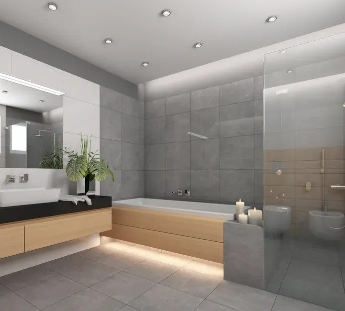 A Bathroom With Black Vanity Top And Wooden Sided Bath — Canberra Bathroom Solutions in Woden, ACT