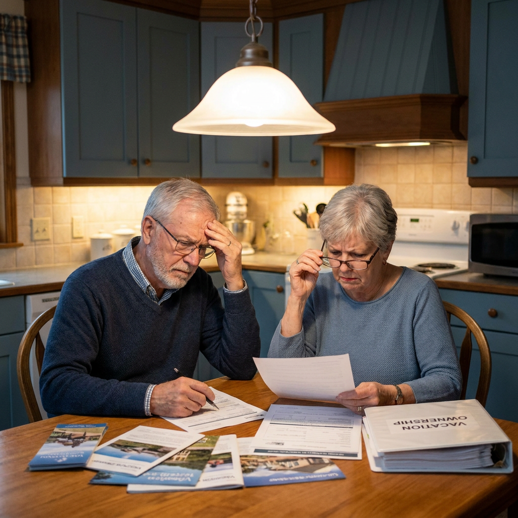 Couple reviewing Diamond Resorts timeshare contract paperwork after realizing costly upgrade terms