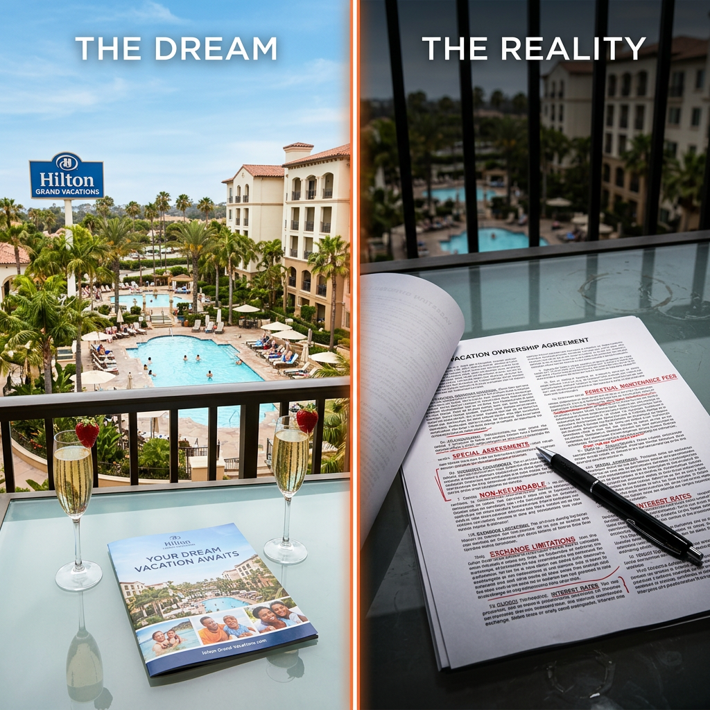 Hilton Grand Vacations timeshare contract on desk next to resort brochure — complete exit guide