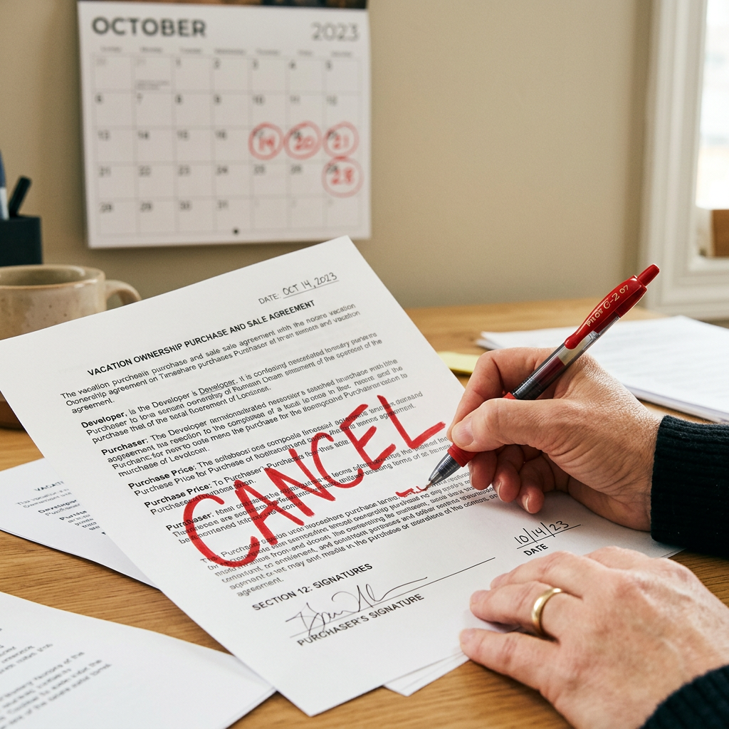 Hand writing cancel across a timeshare purchase contract during the rescission period
