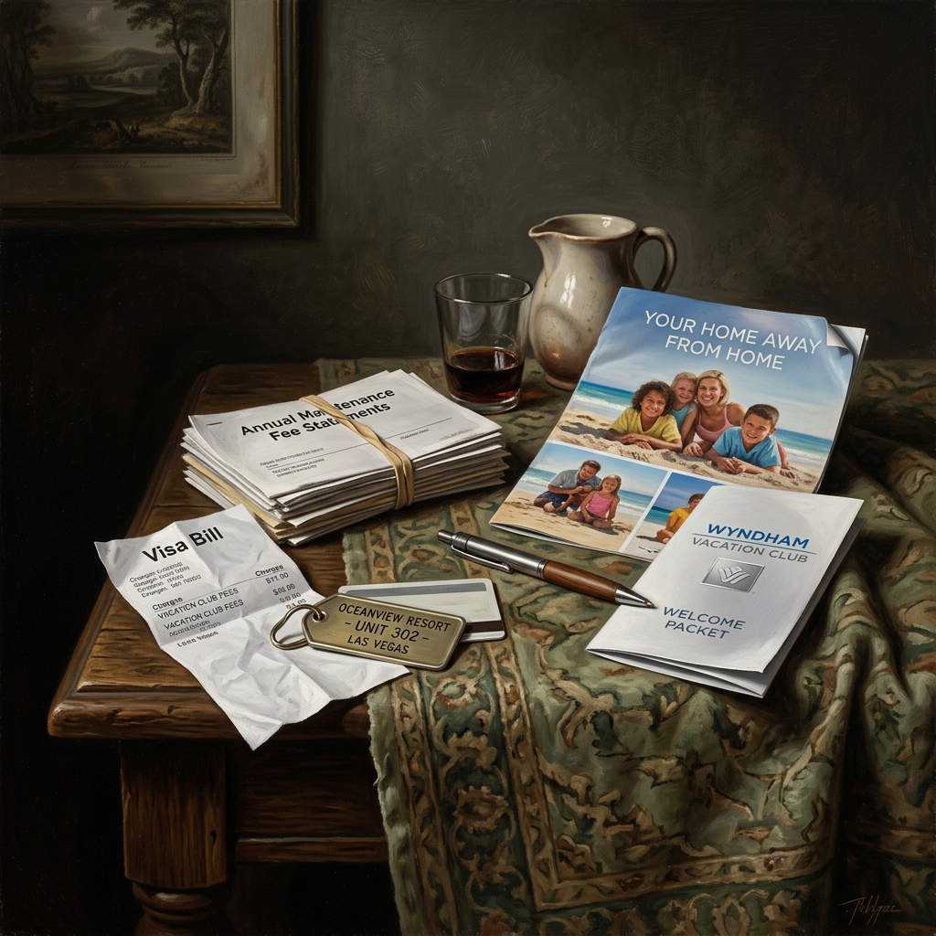 Wyndham timeshare documents — maintenance fee statements, resort key, and welcome packet.