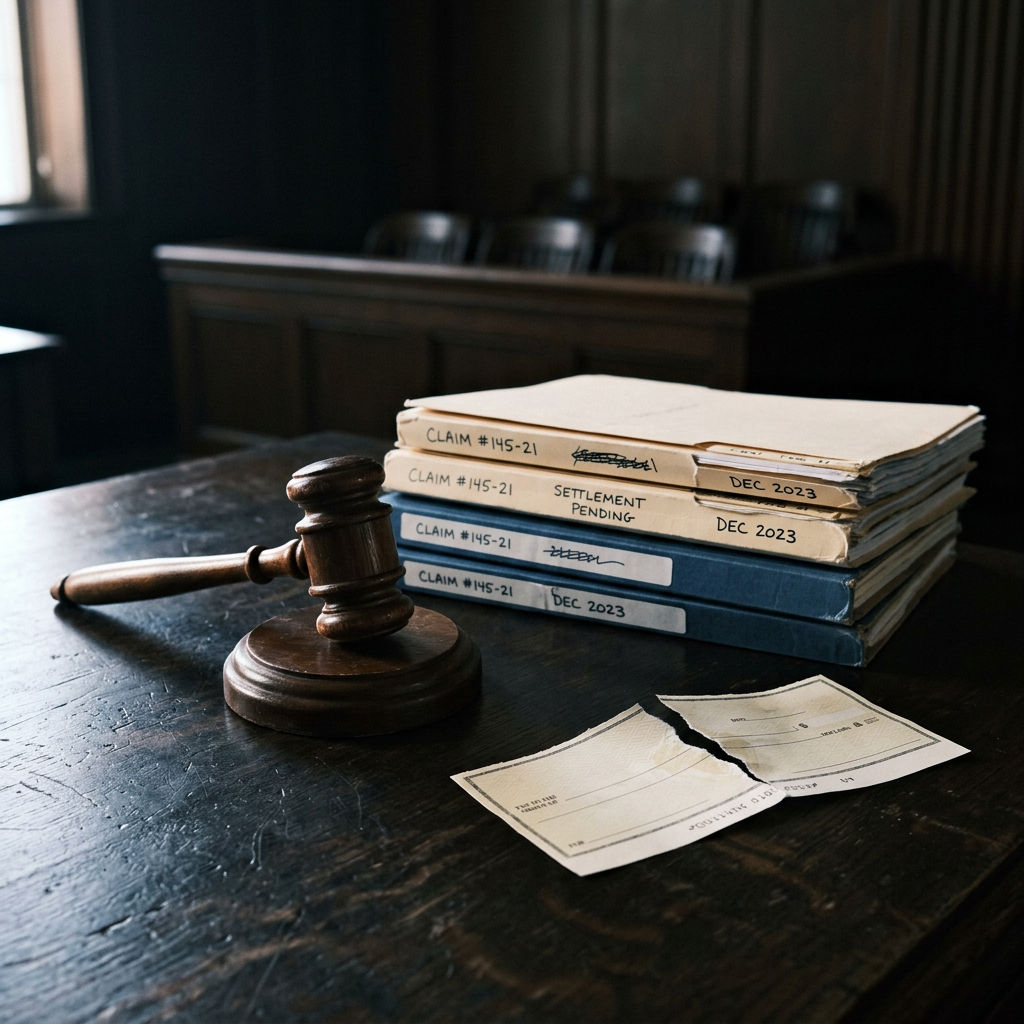 A gavel and torn settlement check representing the vacated $630 million class action