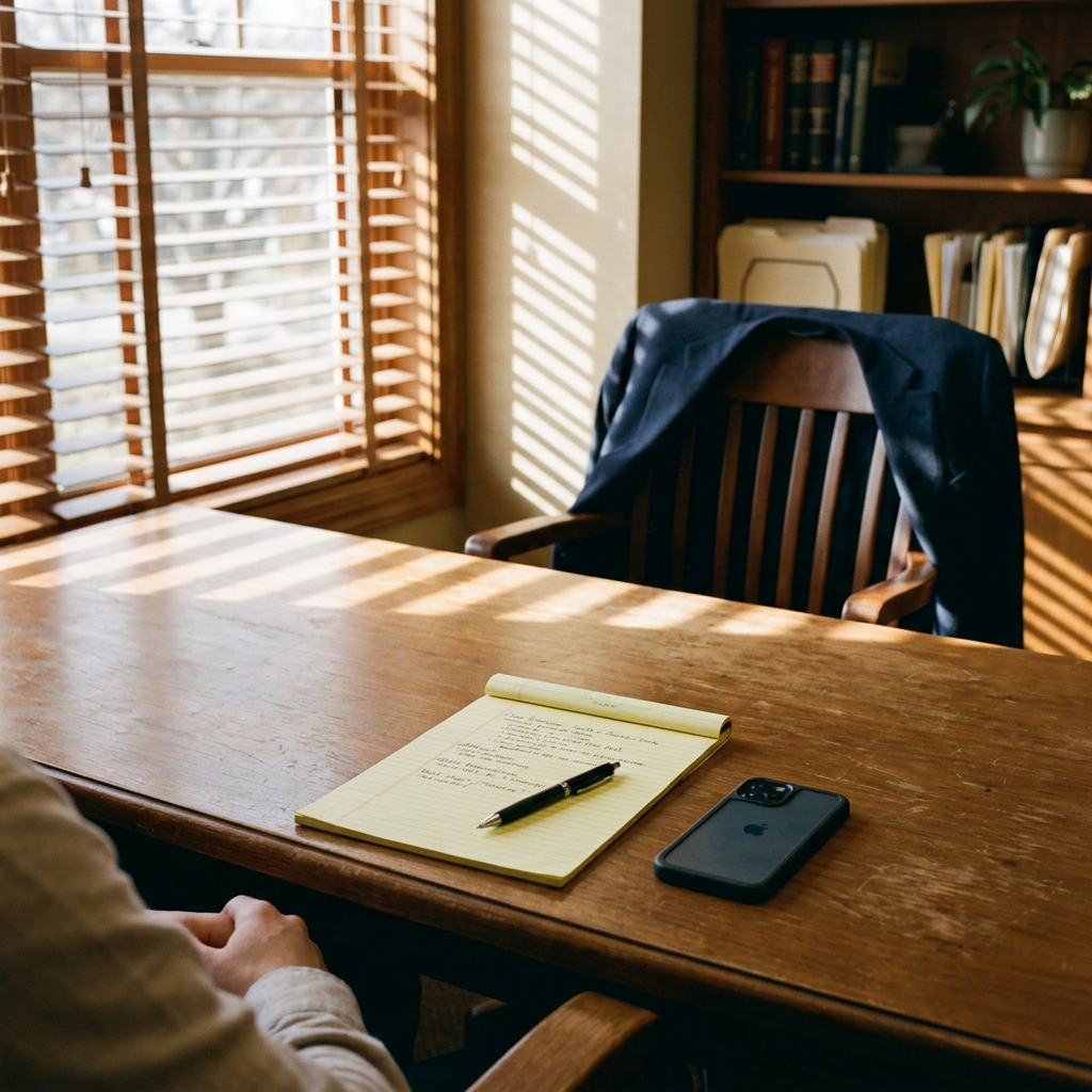 Empty advisor desk with legal pad and pen — free timeshare exit consultation