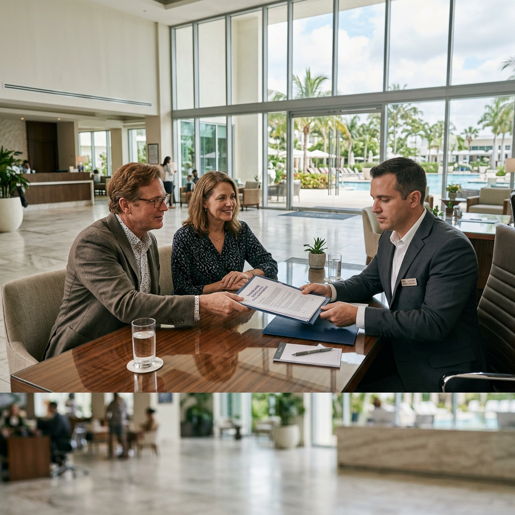 Timeshare owners submitting a deed-back request to a resort representative in 2026