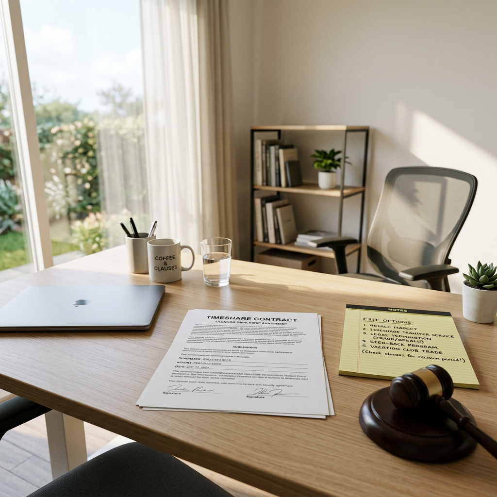 Timeshare contract on a desk with legal notepad and gavel representing legal exit options in 2026