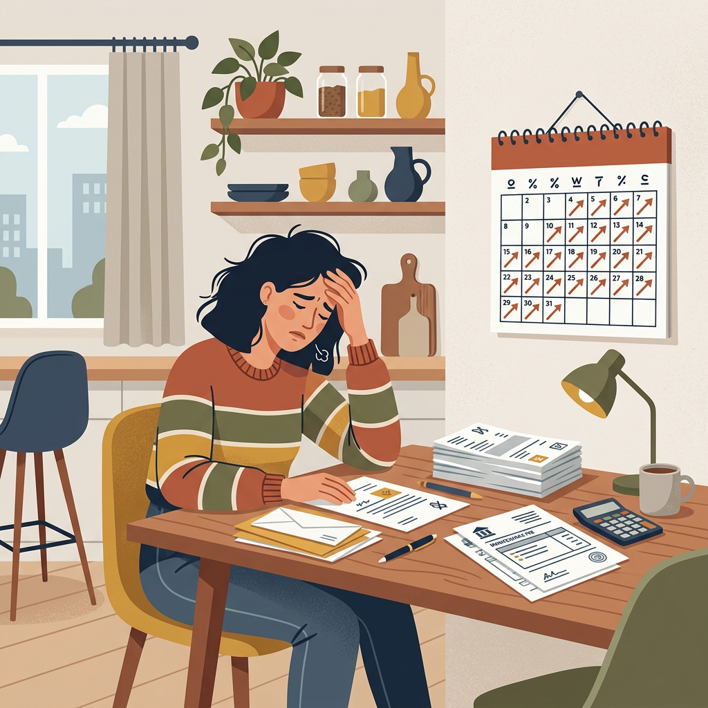 Stressed timeshare owner reviewing rising maintenance fee bills at a kitchen table