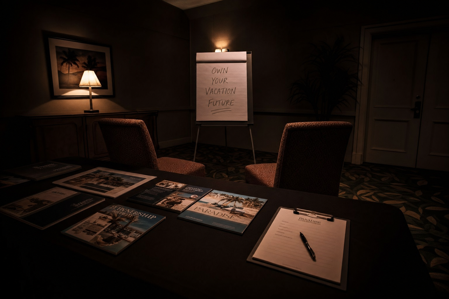 Empty timeshare sales presentation room illustrating high-pressure sales tactics exposed