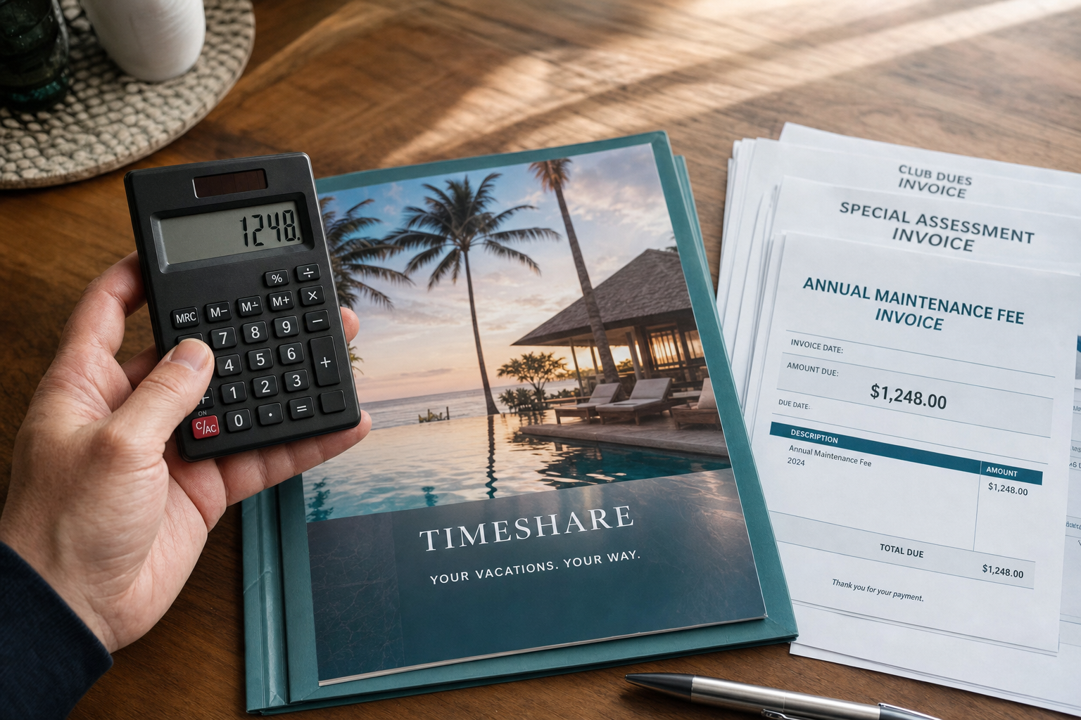 Calculator and timeshare fee invoices illustrating an economic profitability analysis of timeshare