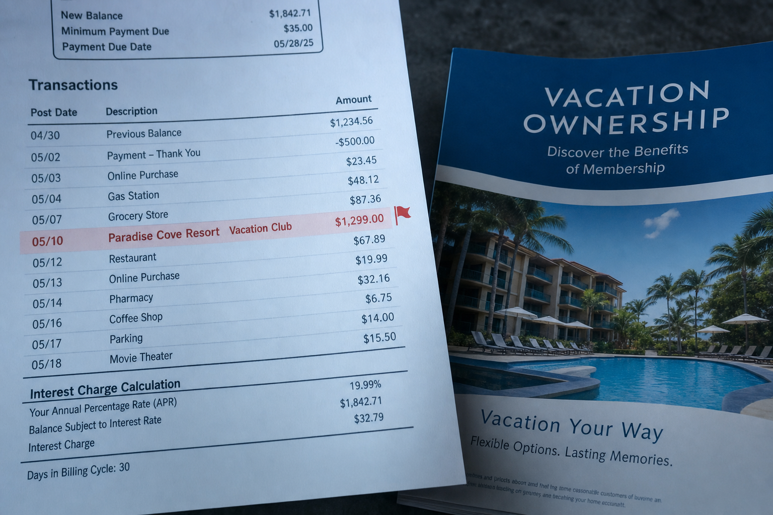 Credit card statement showing unauthorized charges linked to a timeshare account
