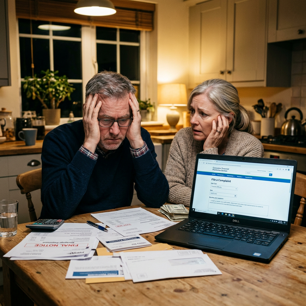 Timeshare scam victims reviewing documents and filing a complaint after paying upfront resale fees