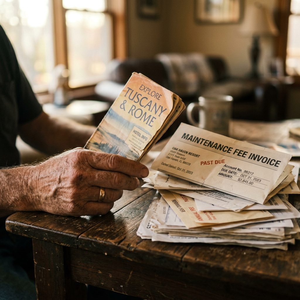 Timeshare owner reviewing rising maintenance fee invoices, illustrating the sunk cost fallacy