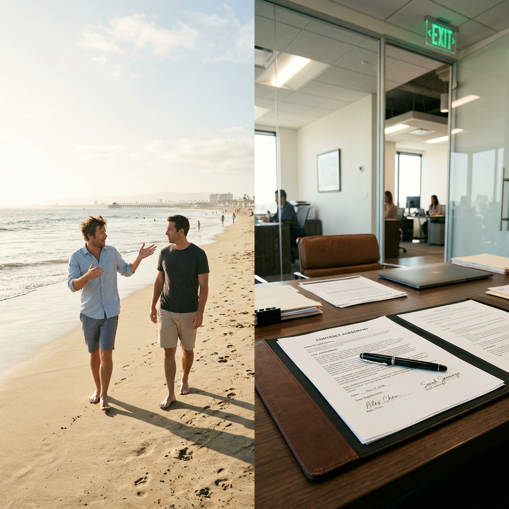 Two men on a Newport Beach shoreline discussing the 2008 timeshare exit industry