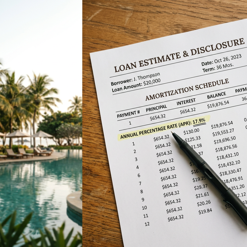 Timeshare loan amortization table showing 17.9% APR interest rate on developer financing