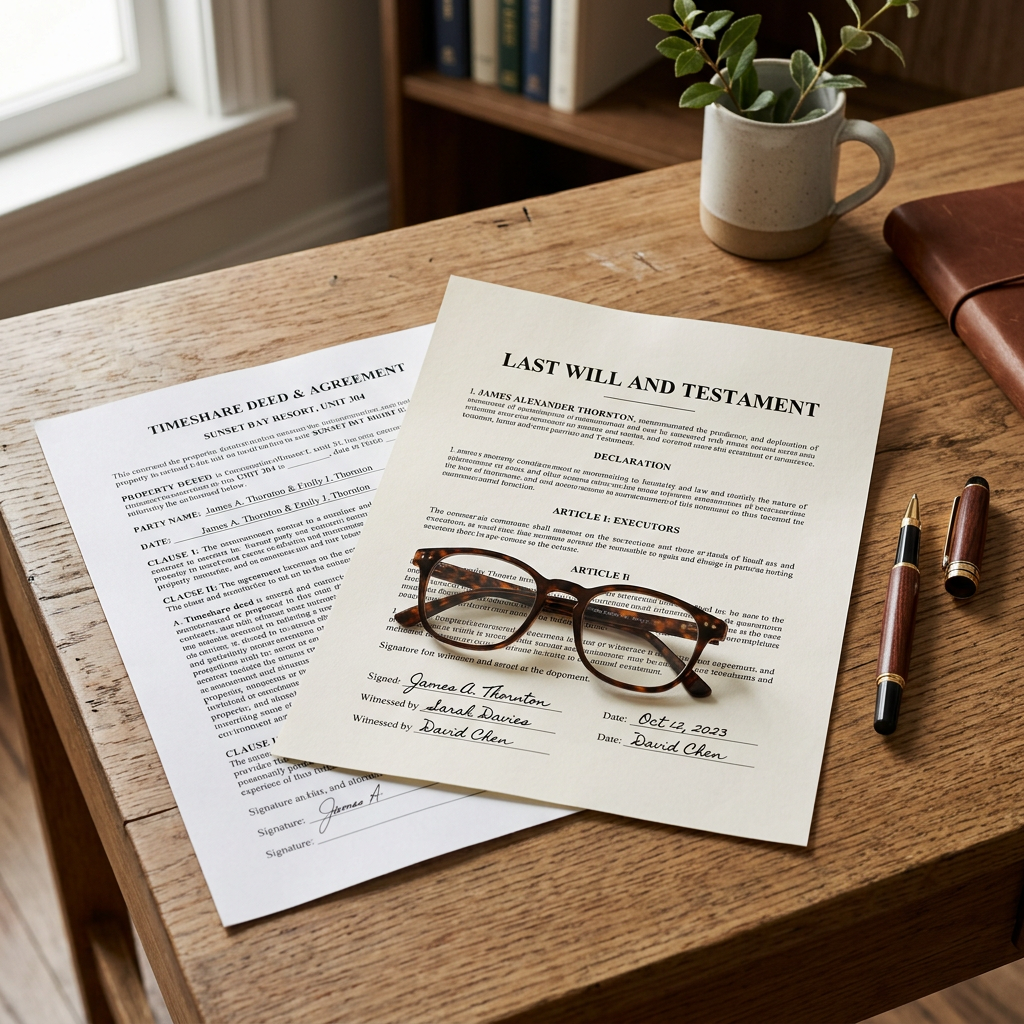 Last will and testament document overlapping a timeshare deed, representing an inherited timeshare 