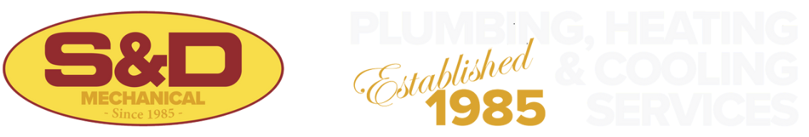 Logo for S&D Mechanical, yellow and brown colors, with text indicating plumbing, heating, cooling services established in 1985.