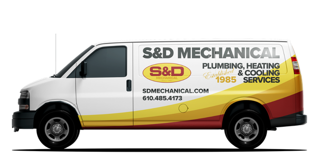 White S&D Mechanical van with logo, yellow/red gradient, and company information.