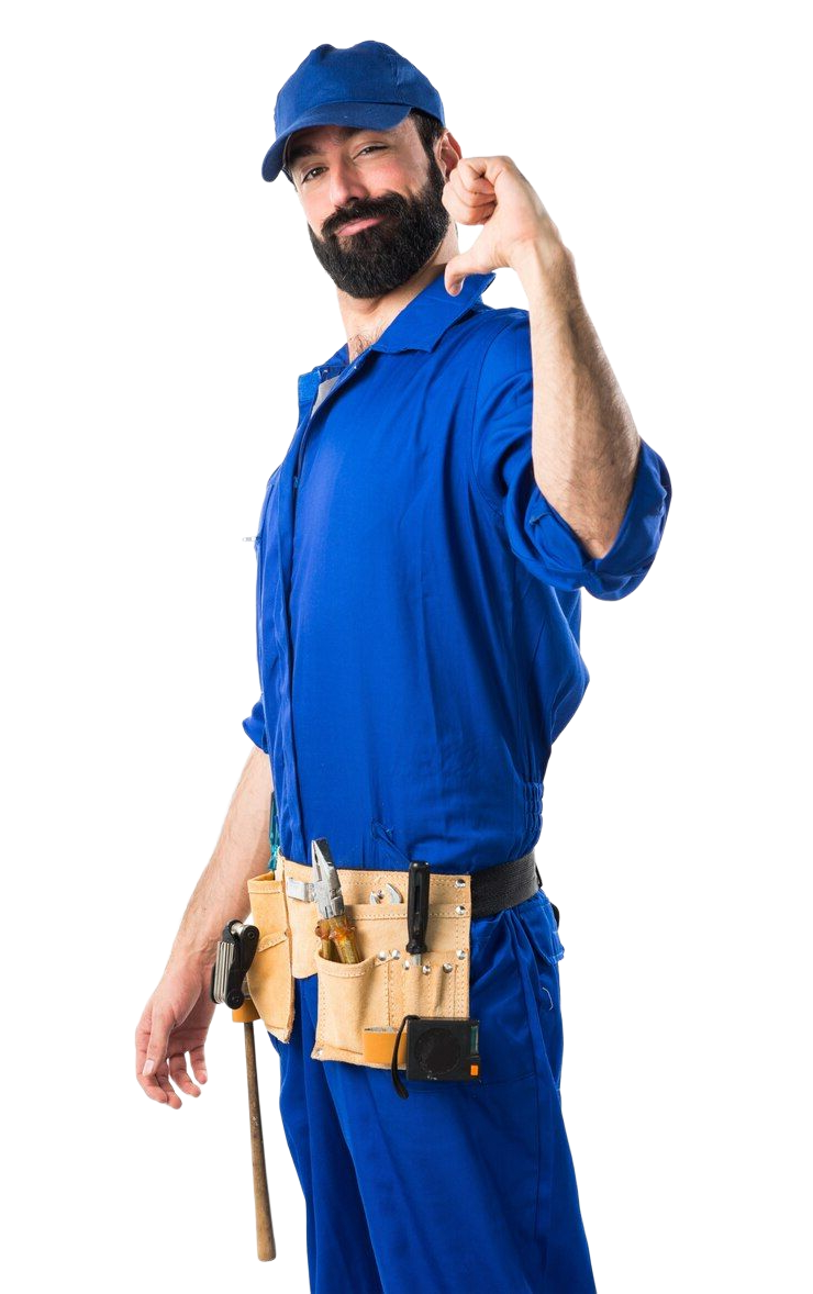 Plumber in blue overalls and cap with a tool belt, giving a thumbs up.