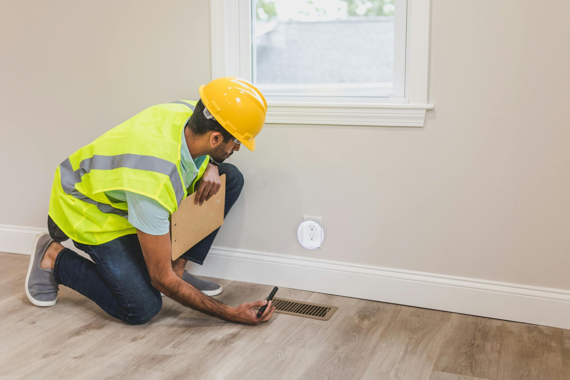 Construction worker inspecting floor vent, wearing hard hat and safety vest, indoors near a window.
