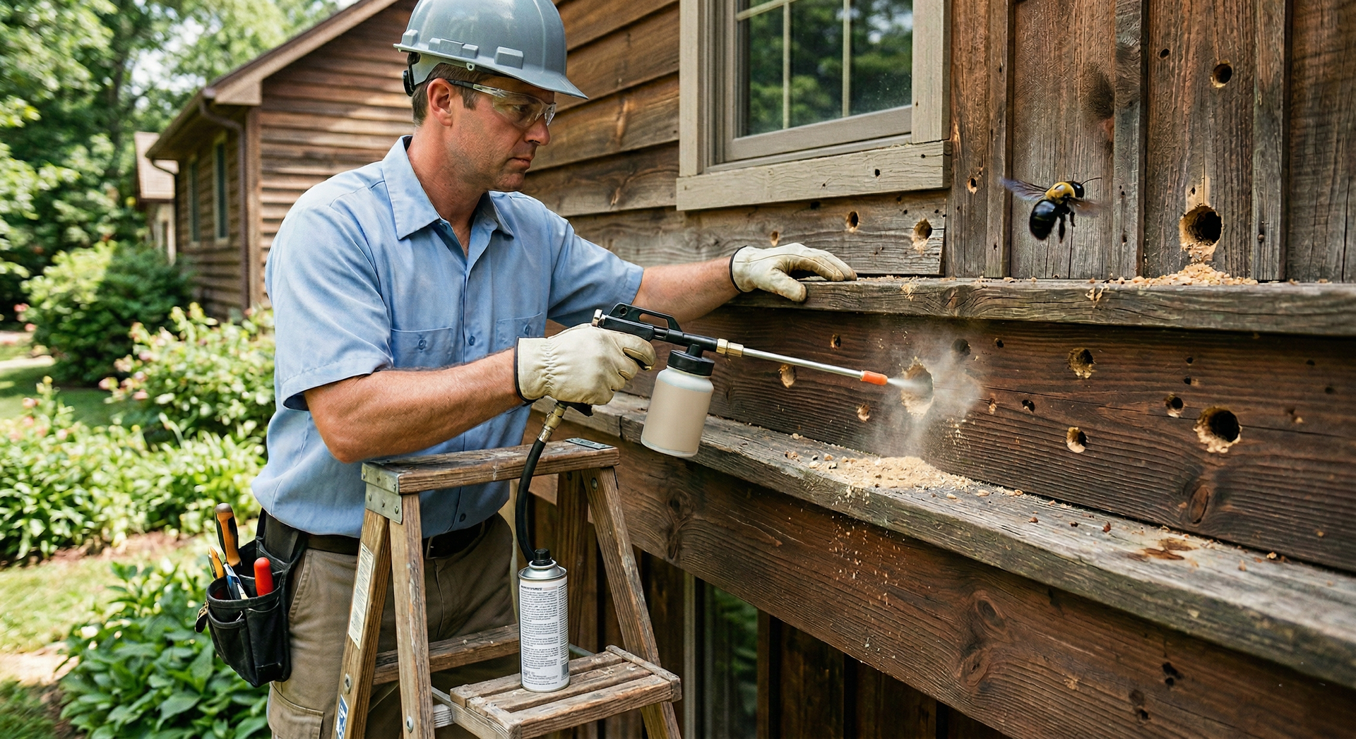 A worker in a hard hat and gloves uses a tool to spray into holes in a wooden structure to treat for carpenter bees.