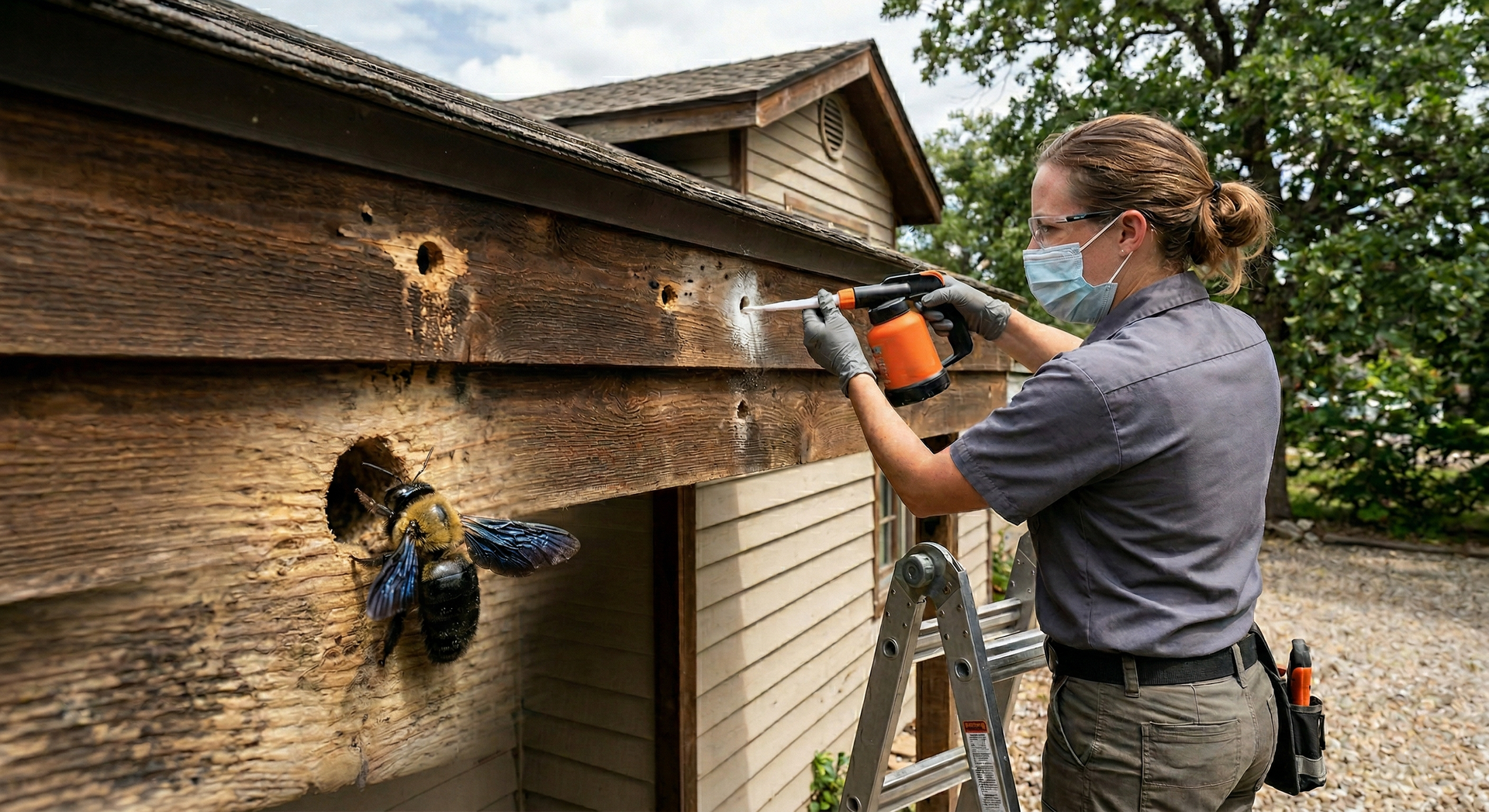 A person in a uniform and mask stands on a ladder, using a tool to treat carpenter bee holes in a wooden building exterior.
