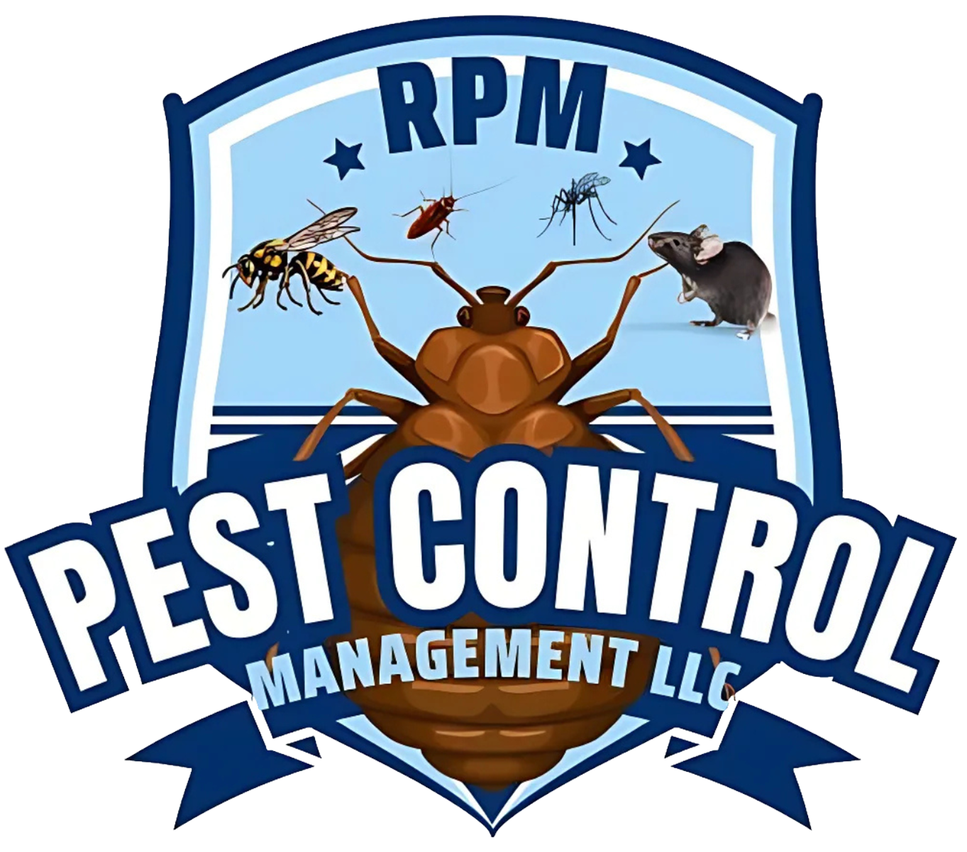 A logo for rpm pest control management llc