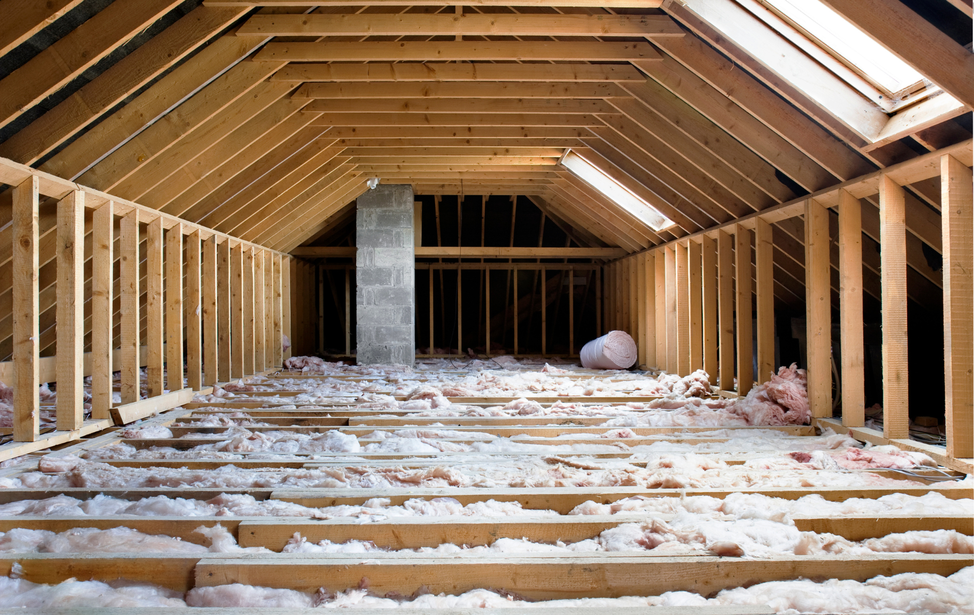 An attic under construction with wooden beams and insulation.