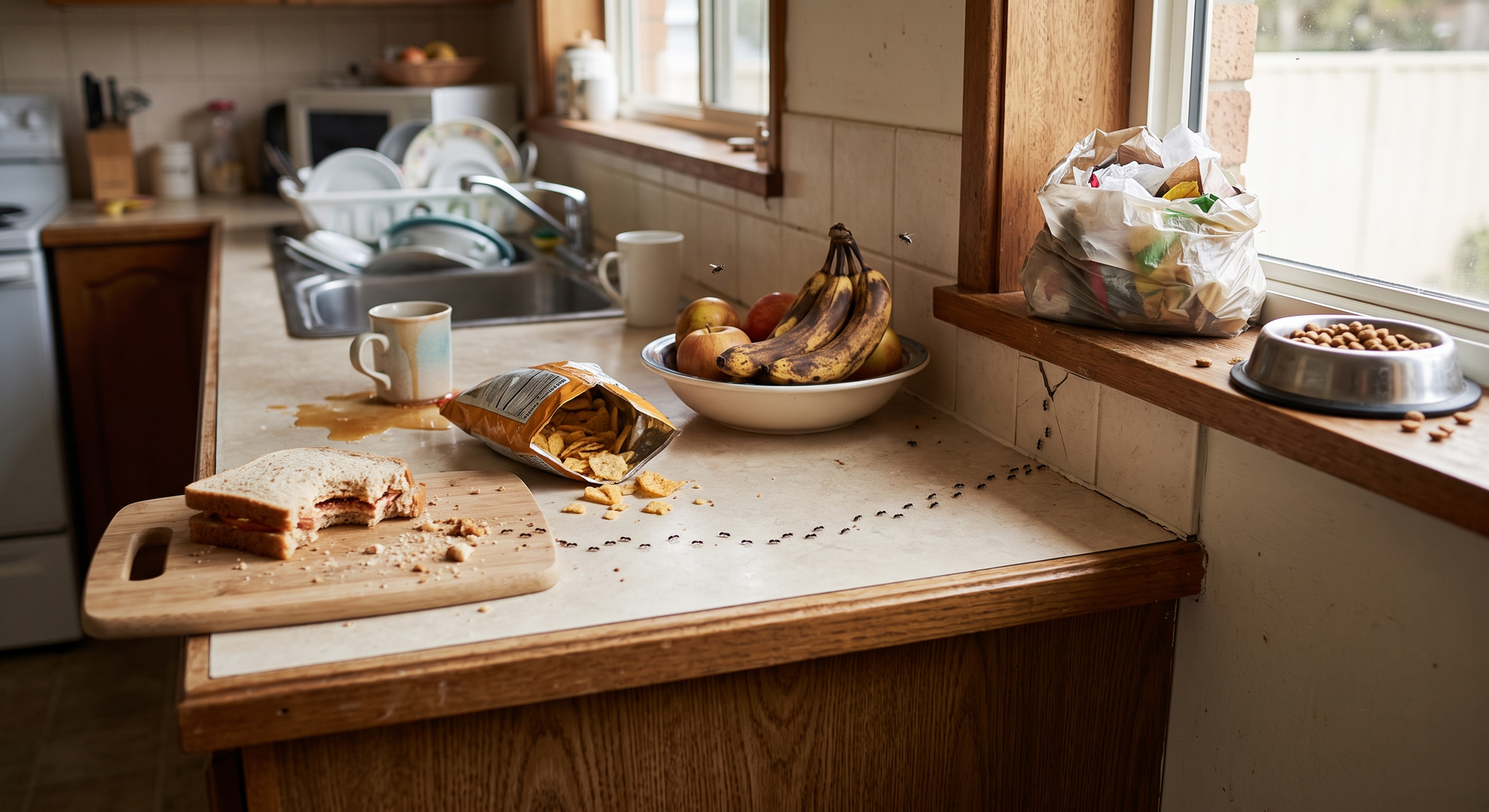 Messy kitchen counter with dirty dishes, crumbs, a spilled tray, and food containers by the window
