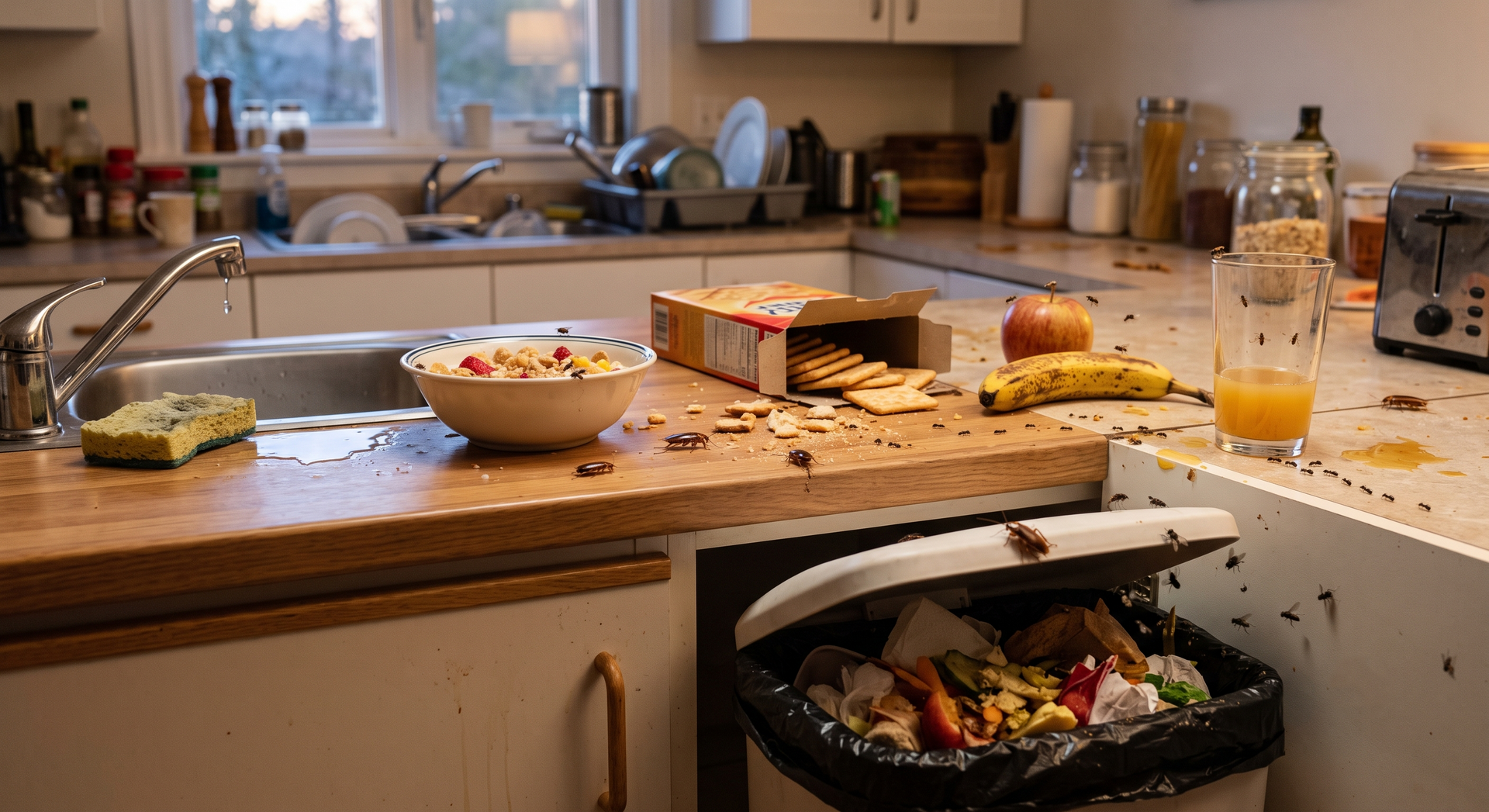 Messy kitchen counter with spilled cereal, bowls, and trash can overflowing with food scraps