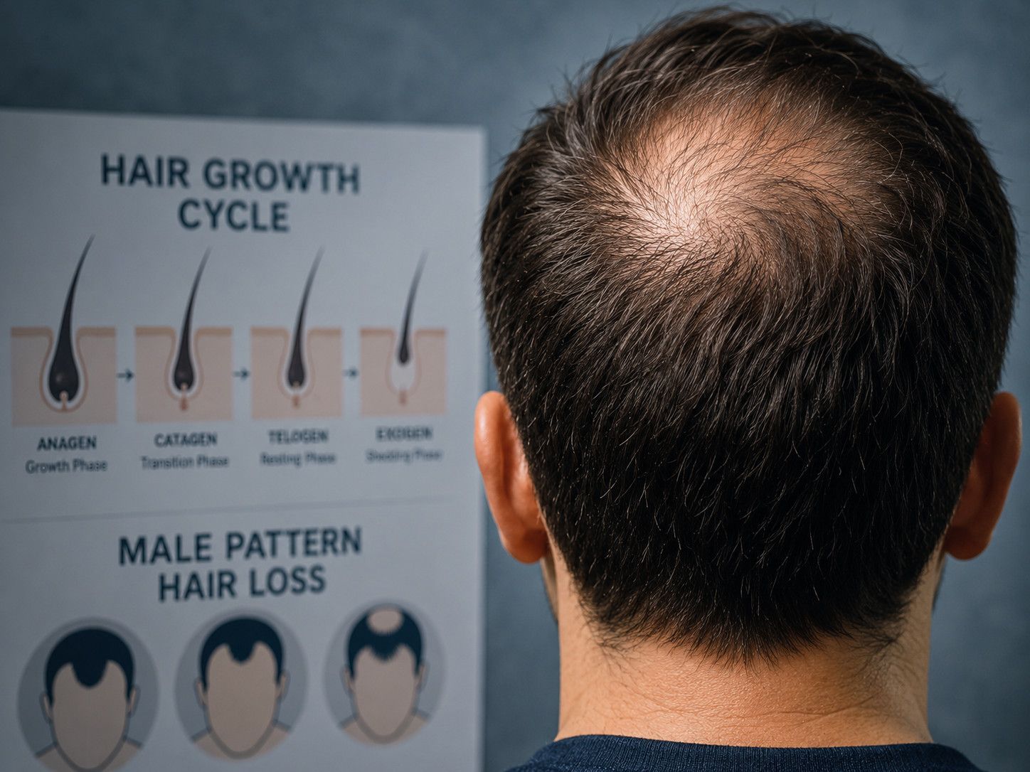 Diagram of hair growth cycle beside the back of a man’s head with thinning hair on top