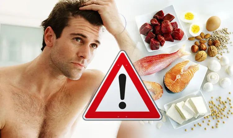Protein deficiency hair loss with protein-rich food including eggs fish meat nuts and dairy for hair