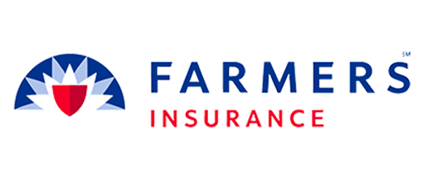 Farmers Insurance logo: blue and white sunburst over a red shield, blue "FARMERS" text, red "INSURANCE" text.