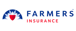 Farmers Insurance logo: blue and white sunburst over a red shield, blue "FARMERS" text, red "INSURANCE" text.