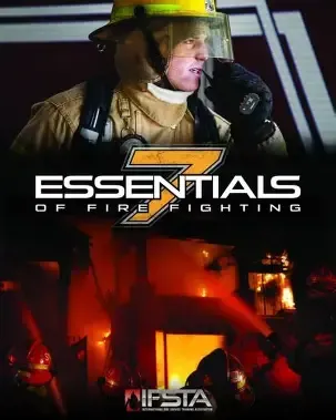 Firefighter in gear, holding radio, with flames and the words 