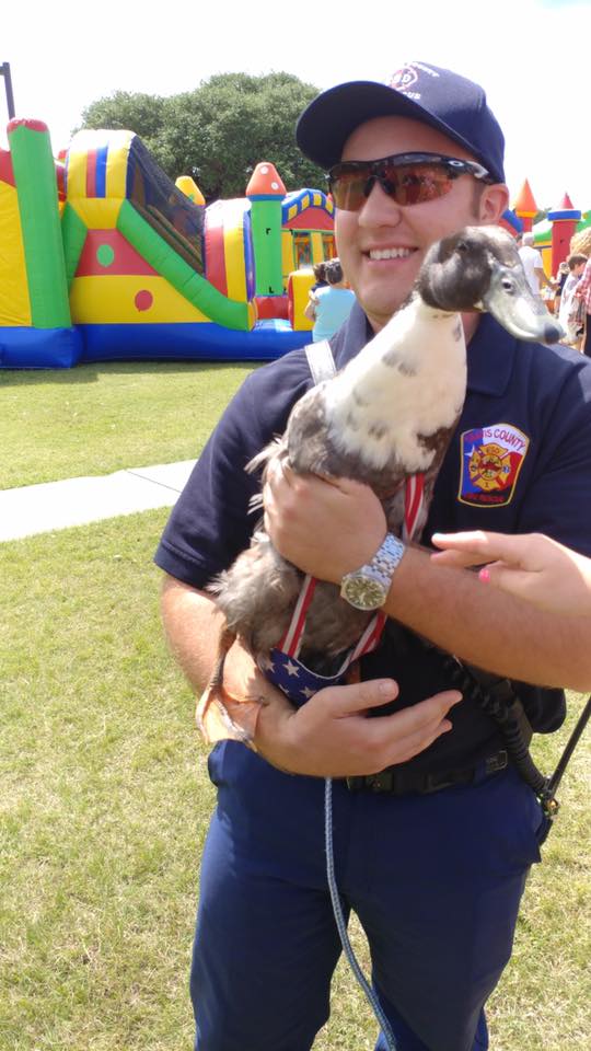 A fire fighter is holding a duck in his arms in front of a bouncy house.