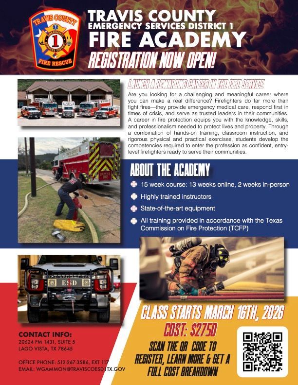 Advertisement for Travis County Fire Academy with text and images of fire trucks and firefighters.