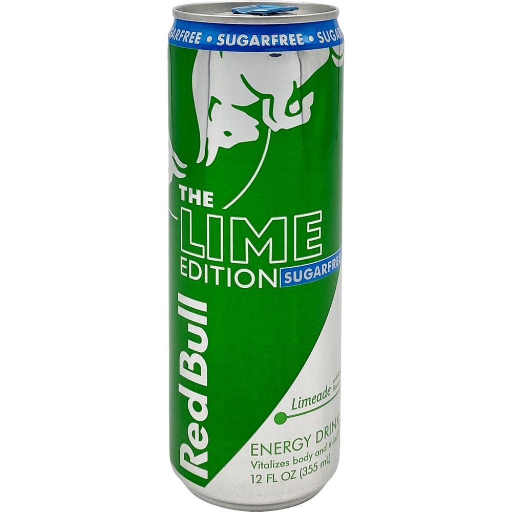 Red Bull The Lime Edition sugar-free energy drink can, green and white with logo.